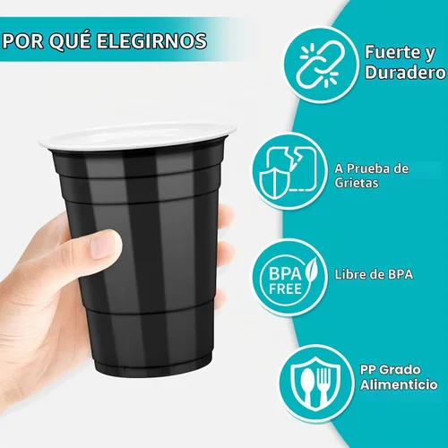 Vista 5 de LANLISA 50 vasos de plástico negros, vasos desechables de 16 onzas, tazas para beber para suministros de fiesta