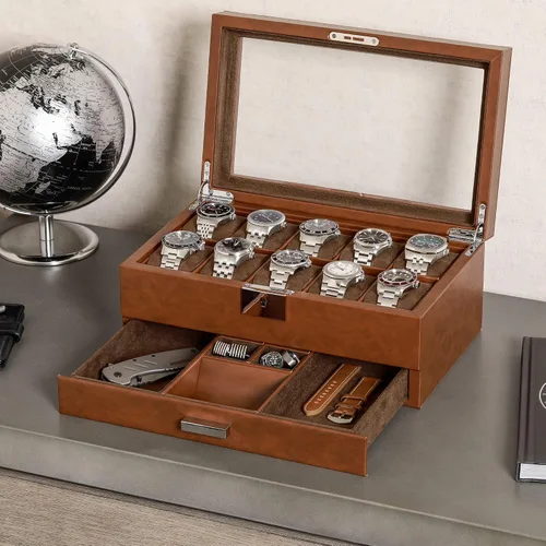 Vista 3 de Juego de regalo Caja de reloj de cuero con 10 ranuras con cajón de valet y funda de viaje para 2 relojes a juego, organizador de exhibición