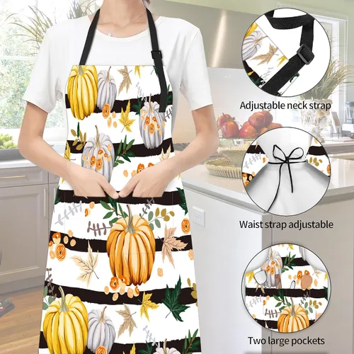 Vista 2 de Delantal de rayas de flores de calabaza con hojas de otoño, regalos para mujeres, delantal con cuello ajustable, impermeable, para mujeres