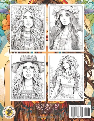 Vista 2 de Boho Style Hippie Girls - Fashion Coloring Book for Adults Beautiful Models Wearing Bohemian Chic Clothing & Flowers