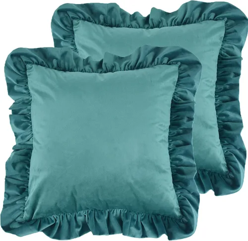 Vista 8 de Jemiipee Juego de 2 fundas de almohada de terciopelo con volantes para sofá, juego de 2 fundas de almohada decorativas con volantes de 18 x 18