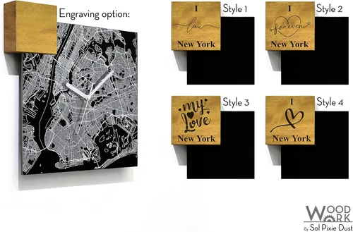 Vista 5 de Modern Wall Clock - Black Aluminum with Silver Fiber Laser Engraving - Square - Contemporary Design - Personalized City Map - Home Town - Location