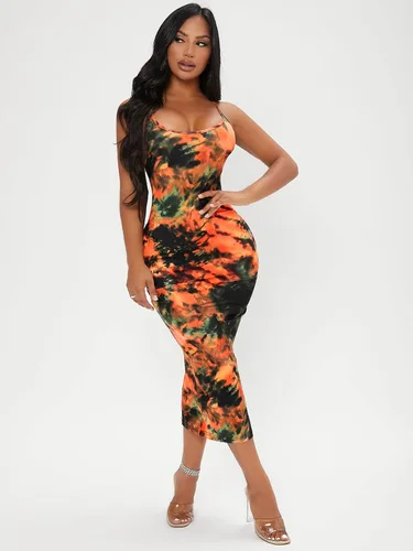 Vista 5 de WDIRARA Vestido midi sin mangas con tirantes delgados y teñido anudado para mujer