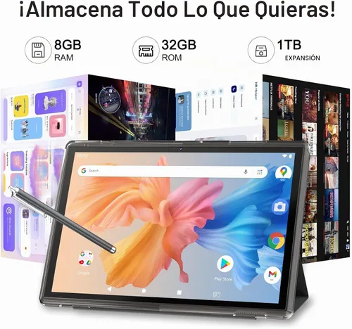 Vista 5 de Tableta de 10 pulgadas Android 15 con funda, 6GB RAM+32GB ROM+1024GB expansión, batería de 6000mah, cámara dual 2MP+8MP WiFi-6, pantalla táctil IPS