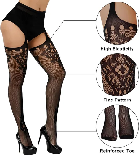 Vista 2 de Justay 6 Pairs Womens Fishnet Thigh High Stockings High Waist Fishnet Stockings Suspender Pantyhose Stockings for Women