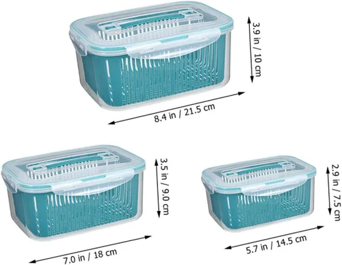 Vista 2 de 3 cajas de almacenamiento apilables para refrigerador con tapas a prueba de fugas y cestas de drenaje internas, escurridor multifuncional