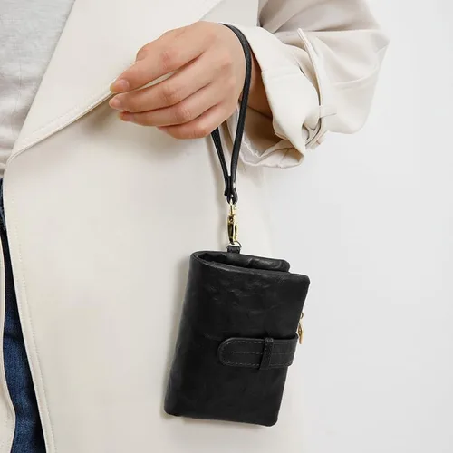 Vista 5 de Carteras pequeñas de cuero Rfid para mujer, billeteras dobladas medianas para mujer, cartera compacta y triple plegable con correa para la muñeca