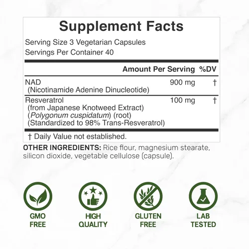 Vista 2 de Suplemento de resveratrol NAD+ de 1,000 mg por porción, 120 cápsulas vegetarianas Alternativa de suplemento NMN extra fuerte 2 en 1 Suplementos