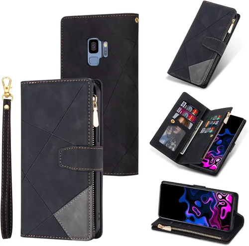 Vista 13 de UEEBAI Funda tipo cartera para Samsung Galaxy S9 Plus, Retro 9 ranuras para tarjetero con cremallera, bolsillo de piel sintética, cierre magnético