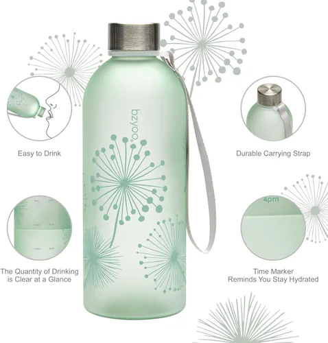 Vista 5 de bzyoo - Botella de agua de 32 onzas / 1 litro con marcador de tiempo, diseño de diente de león, plástico duradero, sin BPA, reutilizable con marcas