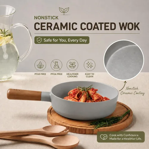 Vista 3 de Neoflam FIKA - Sartén para wok pequeña con revestimiento de cerámica de 7 pulgadas de profundidad, antiadherente con mango de madera natural