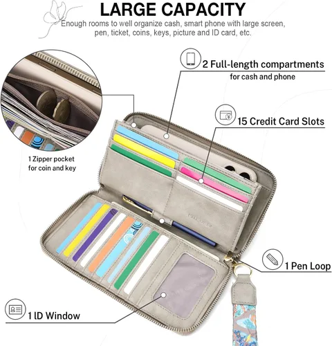 Vista 4 de Cartera RFID para mujer, cartera de gran capacidad con mariposa, cartera de teléfono celular, carteras de mano para mujer, carteras de pulsera