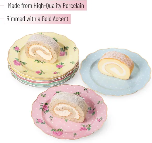 Vista 10 de BTAT - Juego de platos florales de porcelana, paquete de 6, 8 pulgadas Royal Dessert Appetizer Salad Plates Floral Design Small Dinner Plates
