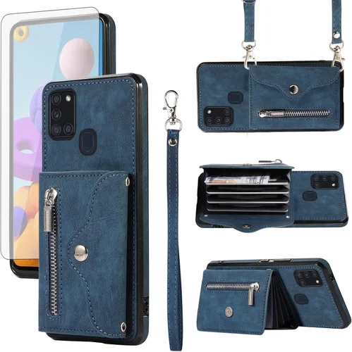 Vista 9 de Funda para teléfono Samsung Galaxy A21S con protector de pantalla de vidrio templado y correa cruzada para la muñeca, cordón para el hombro, soporte