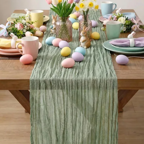 Vista 28 de LuoluoHouse Beige Gauze Table Runner 17x120 Inch Summer Boho Cheesecloth Runner Fabric for Wedding Reception Party Decor Bridal Shower Bulk Table