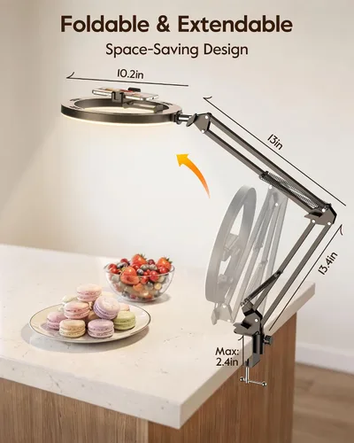 Vista 9 de Anillo de luz mejorado con soporte, soporte de teléfono superior para escritorio, luz selfie de 10 pulgadas con trípode de soporte para iPhone, luz