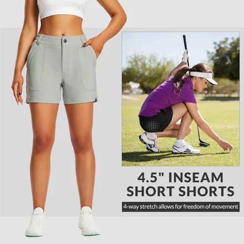 Vista 2 de BALEAF Pantalones cortos de senderismo de golf de 4.5 pulgadas para mujer, elásticos, de secado rápido, con bolsillos con cremallera, pantalones