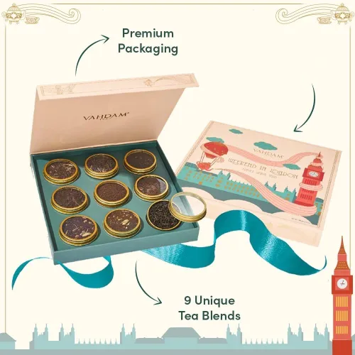 Vista 4 de VAHDAM - Juego de regalo de té de fin de semana en Londres, caja de regalo de edición de viaje, 9 variedades de Chai y té negro, sin gluten, sin OMG