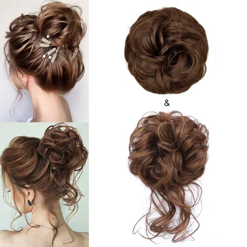 Vista 28 de KETHBE Moño desordenado, extensión de moños de pelo despeinado, banda elástica para el cabello, moño rizado para mujeres (negro)
