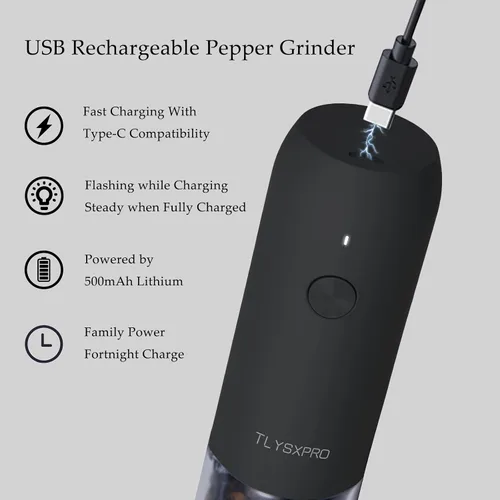 Vista 4 de TLYSXPRO Molinillo de pimienta eléctrico, recargable por USB, agitador de pimienta automático, grosor de molienda ajustable, molinillo de pimienta