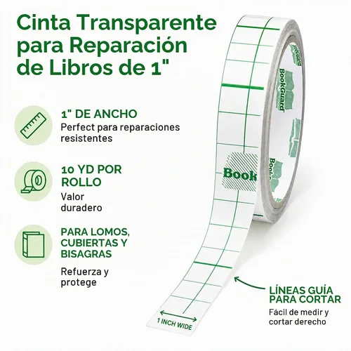 Vista 2 de BookGuard Cinta de reparación de libros transparente, 1 pulgada x 10 yardas, cinta de vinilo transparente para encuadernación de libros, cubiertas