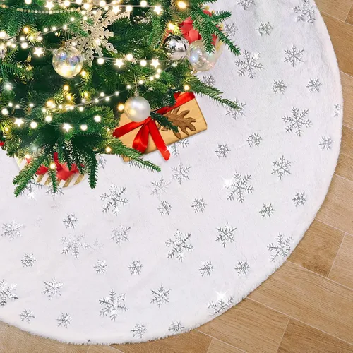 Vista 9 de Falda de árbol pequeña de 24 pulgadas, falda de árbol de piel sintética blanca de Navidad de 4 pies, mini copos de nieve de lentejuelas doradas