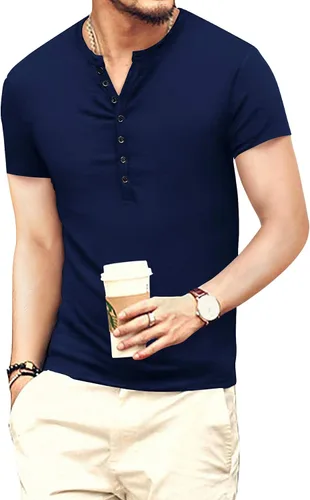 Vista 2 de KUYIGO - Camiseta básica entallada para hombre con manga largacorta y botones, moda de verano