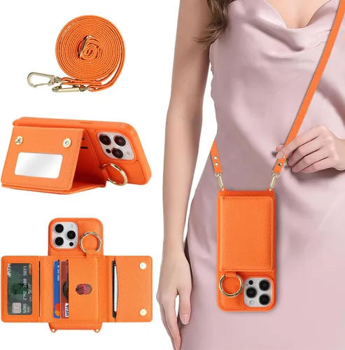Vista 30 de Funda para iPhone 14 con tarjetero y correa para mujer, cordón cruzado, espejo de maquillaje, soporte de anillo, cierre a presión, bonitas fundas