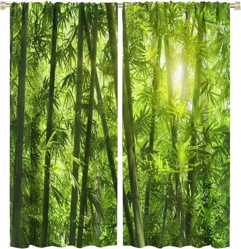 Vista 44 de Cortinas con estampado de bambú, tallos y hojas de bambú, temática oriental natural, oscurecimiento de habitación, ventana, ventana, cortina