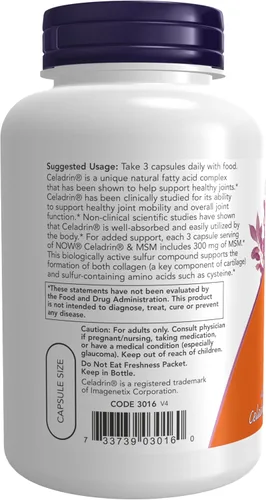 Vista 3 de NOW Foods Suplementos, Celadrin y MSM, 500 mg de Celadrin, Soporte Articular Avanzado*, 120 Cápsulas