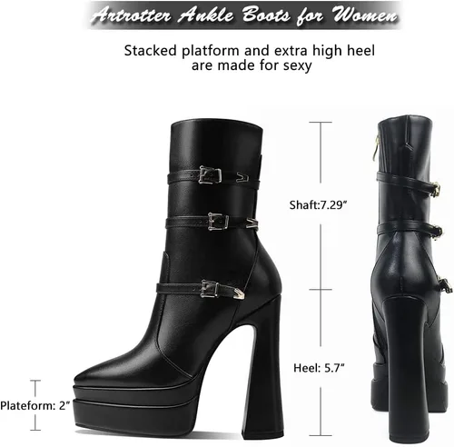Vista 4 de Artrotter Botas de plataforma puntiaguda para mujer, botas de combate de tacón alto con cremallera de tamaño, botines de plataforma doble apilada