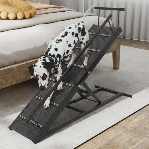 Vista 7 de Rampa para Mascotas Plegable Portátil de Madera para Perros y Gatos para Sofá o Cama, Incluye Alfombrilla Antideslizante y Rieles Laterales