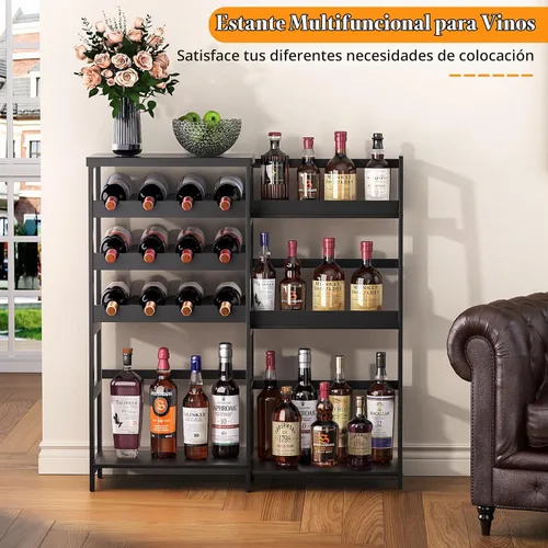 Vista 2 de VASMIA Soporte versátil para licor para bar en el hogar, estante para vino, mesa de bar con botella de licor trapezoidal de bambú, gabinete