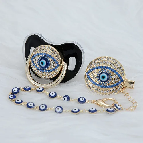 Vista 9 de Juego de chupete y clip de ojo malvado de ojo dorado y plateado, sin BPA, seguro, diseño único, regalo ideal para baby show recién nacido