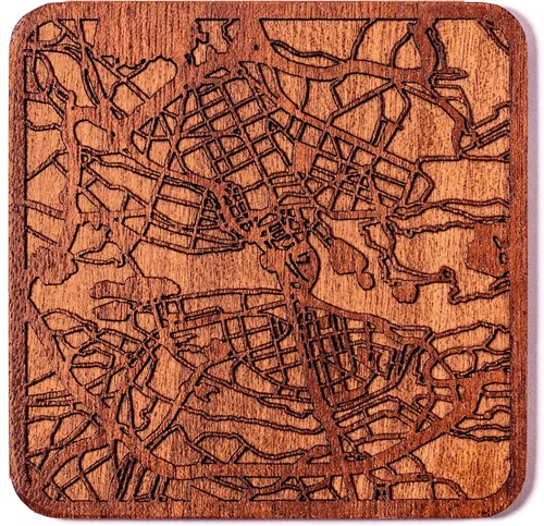 Vista 121 de Posavasos Amsterdam Map by O3 Design Studio, 1 pieza, posavasos de madera Sapele con mapa de la ciudad, hecho a mano, varias ciudades opcionales