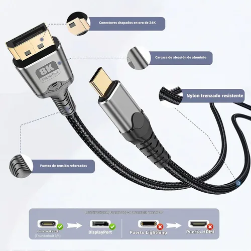 Vista 6 de Cable USB C a DisplayPort de 3.3 pies, 8K a 60Hz 4K a 240Hz
