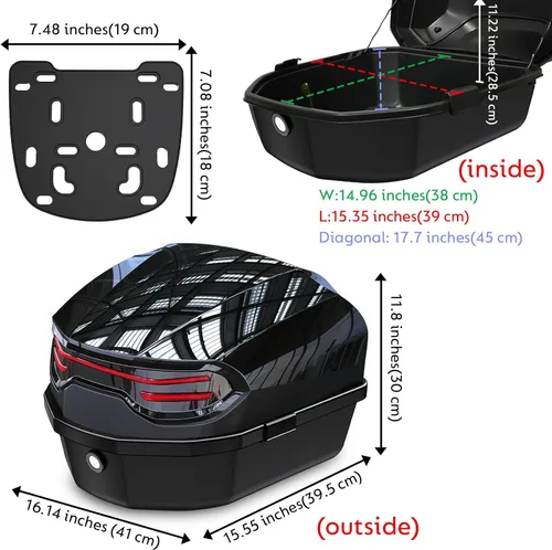Vista 5 de 35L Motorcycle Top Case, Motorcycle Daily Tail Box Trunk Lockable Storage Carrier Plastic Case with Soft Backrest Universal Mounting for Helmet