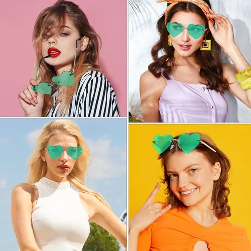 Vista 6 de Gafas de sol en forma de corazón, 2 pares de lentes de sol sin montura para mujer, con marco de metal con protección UV (verde), Verde