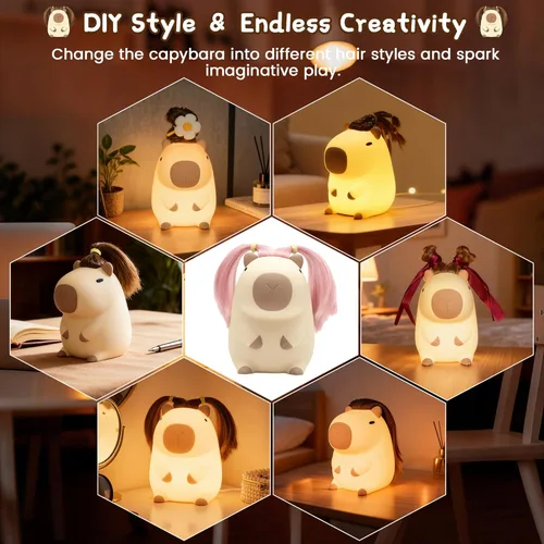 Vista 2 de Linda luz nocturna de capybara con peinado DIY, lámpara de silicona esponjosa, luz nocturna para habitación infantil, lámpara de mesita recargable