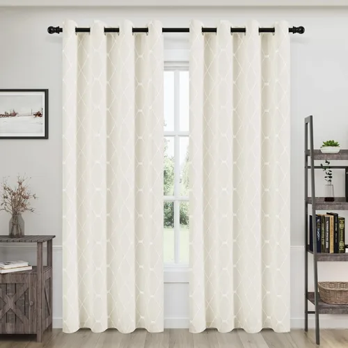 Vista 24 de Joywell Cortinas jacquard con ojales para sala de estar, 108 pulgadas de largo, línea ondulada negra con patrón de puntos, cortinas bordadas