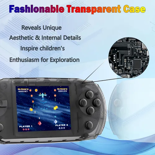 Vista 4 de Mini consola de juegos de mano retro para niños precargada 100 videojuegos, negro Rechargeable,Transparent,6+Hrs Play,3.2" IPS Screen, Portable