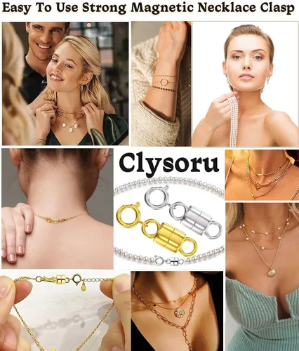 Vista 7 de Clysoru Broches y cierres para collares, cuentas de oro y plata de 14 quilates, extensor de cadena, collares y pulseras con bloqueo de seguridad