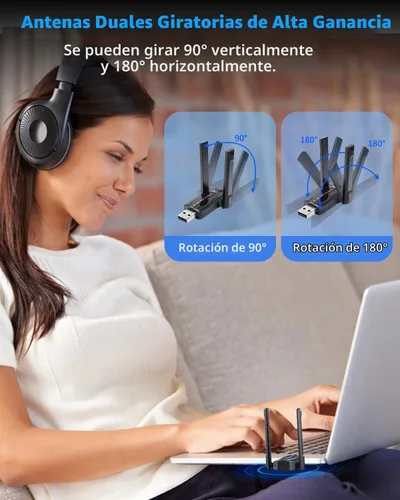 Vista 7 de ZEXMTE Adaptador Bluetooth 6.0 para PC, receptor transmisor Bluetooth USB de doble antena Plug & Play, largo alcance de 656.2 ft/656 pies, chip