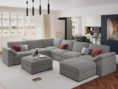 Vista 24 de EASE MOOSE Sofá modular verde seccional de gran tamaño en forma de L Pana verde