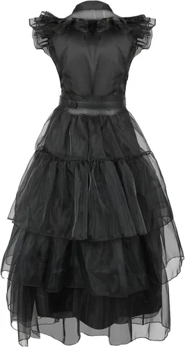 Vista 4 de Hqroidd Vestido de Wednesday Addams para mujer, disfraz de fiesta de graduación, falda de tul de malla negra con cinturón, disfraz de Halloween