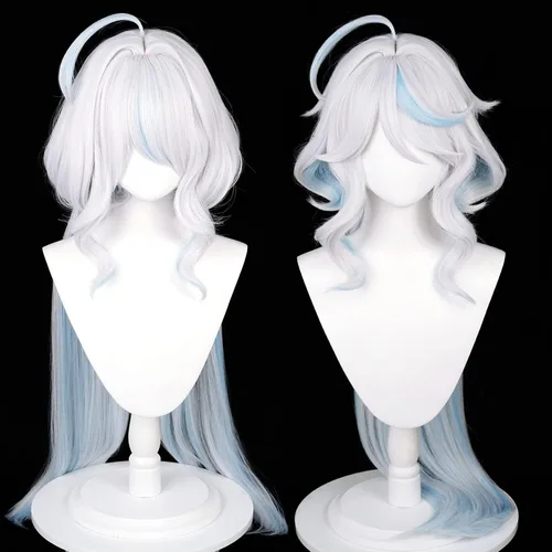 Vista 4 de Peluca de disfraz para Fontaine Furina Focalors Cosplay Pelucas Mujeres Anime Fiesta Cabello con Flequillo Azul Reflejos