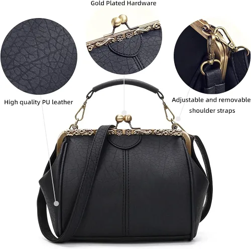 Vista 5 de ROUROU Bolso de mano hueco retro para mujer, bolso de hombro de cuero, bolso de mano de noche, cierre de beso, bolso cruzado, L