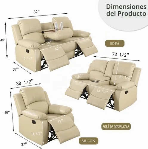Vista 2 de Juego de muebles de cuero sintético para sala de estar, juego de sofá reclinable, sofá de dos plazas, juegos de muebles para sala de estar, sofá