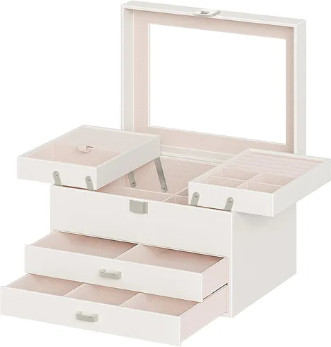 Vista 8 de HOOBRO Joyero para mujer organizador de joyas grande de 4 niveles organizador de joyas de viaje con tapa de cristal amplio espacio de almacenamiento
