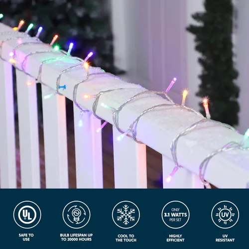 Vista 3 de JOYIN 200 luces LED de Navidad multicolor, 8 modos de luces de árbol de Navidad enchufables, luces parpadeantes de hadas conectables de 66 pies